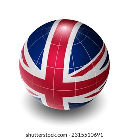 The United Kingdom (UK, GB) (British) National Flag 2.5D Isometric View, Metallic Sphere Ball Globe Design, Flag Symbol Isolated on White Background