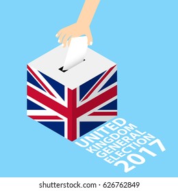 United Kingdom (UK) General Election 2017 Vector Illustration Flat Style - Hand Putting Voting Paper In The Ballot Box