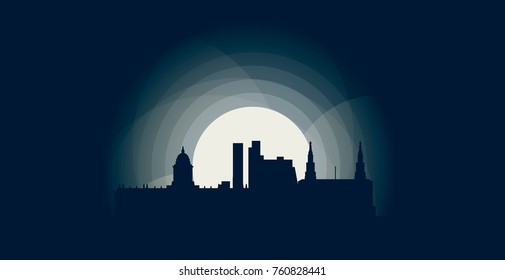 United Kingdom UK Great Britain Leeds blue night moon sunset city panorama landscape horizon buildings skyline flat icon logo