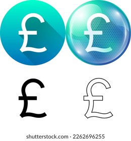 United Kingdom (UK), Great British Pound (GBP) Currency Sign Symbol Icon Set of Circular Round Long Shadow, Futuristic Bubble, Black-White Silhouette, Line Art Isolated on White Background