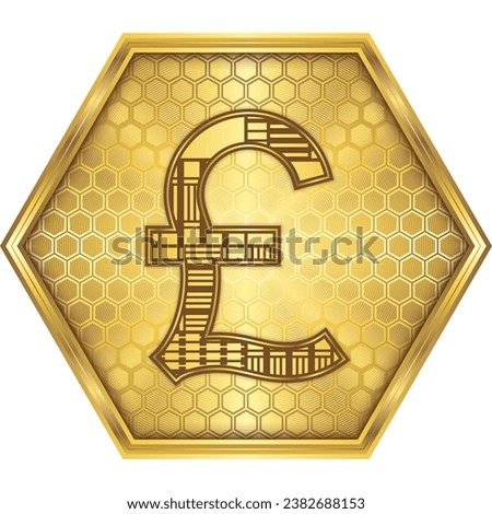United Kingdom (UK), Great British Pound (GBP) National Currency Sign-Symbol Engineering Cybernetic Robotic Circuit Board Finance Icon Logo Button Design Golden Hexagon, White Background