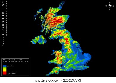 United Kingdom UK ground elevation height map in vector HD quality rainbow color gradient
