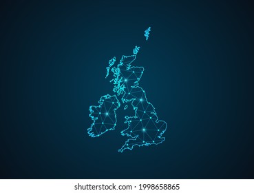 United Kingdom (UK) map Abstract mash line and point scales on dark background. Wire Frame 3D mesh polygonal network line. Network line, design sphere, dot and structure vector.