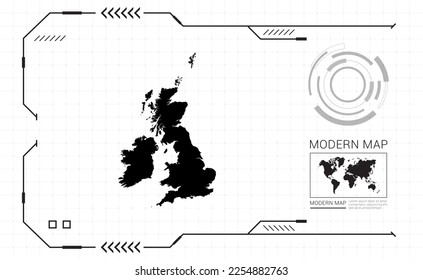 United Kingdom (UK) map of black digital frame HUD, GUI, UI interface technology radar vector.