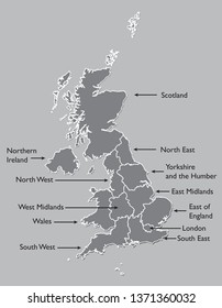 United Kingdom or UK map land area vector with region names on black background illustration