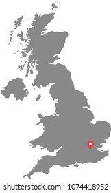 United Kingdom UK map vector outline illustration with capital location, London, in gray background. Highly detailed accurate map of England prepared by a map expert. 