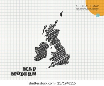 United Kingdom (UK) map of vector black silhouette chaotic hand drawn scribble sketch on grid paper used for notes or decoration.