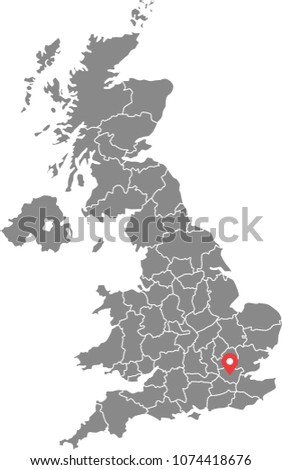 United Kingdom UK map vector outline illustration with provinces or states borders and capital location, London, in gray background. Highly detailed accurate map of England prepared by a map expert. 