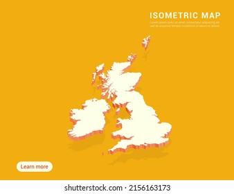 United Kingdom (UK) Map White On Yellow Background With 3d Isometric Vector Illustration.