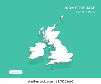 United Kingdom (UK) Map White On Green Background With 3d Isometric Vector Illustration.