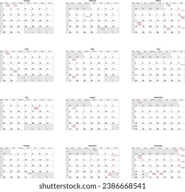 United Kingdom UK monthly calender of the year 2024 with bank holidays and celebrations regarding Wales, England, Scotland, Northern Ireland. Type in vector is Myriad.