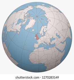 United Kingdom (UK) on the globe. Earth hemisphere centered at the location of the United Kingdom of Great Britain and Northern Ireland. Britain map.