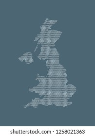 United Kingdom or UK vector map using white binary digits on dark background to mean digital country and the advancement of technology illustration