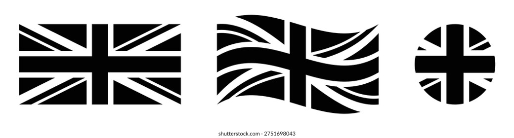 United Kingdom Union Jack Flag Silhouette Set Rectangular, Waving, and Circular Black and White Icons Vector Illustration.