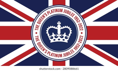 United Kingdom Union Jack flag featuring the Queen's Platinum Jubilee celebratory royal emblem, crown graphic badge and historic anniversary dates