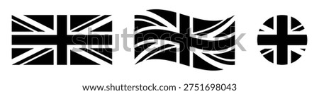 United Kingdom Union Jack Flag Silhouette Set Rectangular, Waving, and Circular Black and White Icons Vector Illustration.