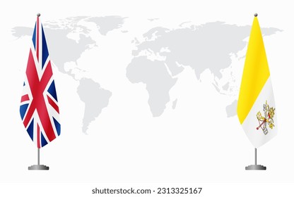 United Kingdom and Vatican flags for official meeting against background of world map.