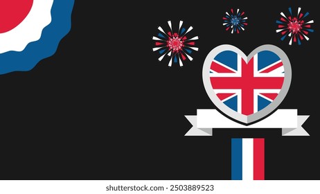 Ilustración de diseño de Anuncio de Vector del Reino Unido con colores de bandera, Formas geométricas y tipografía. fuegos artificiales y Elementos de cinta.