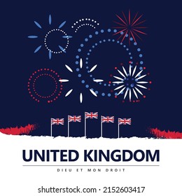 United Kingdom vector decoration. Vector illustration with Union Jacks and fireworks display. French text translated as "God and my right".