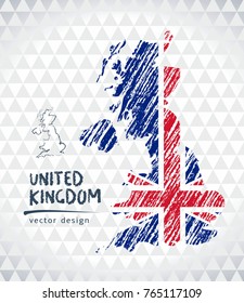 United Kingdom vector map with flag inside isolated on a white background. Sketch chalk hand drawn illustration