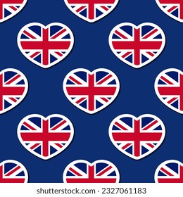 United Kingdom vector seamless pattern. Hearts with UK flag on blue background. Best for textile, festive decorations, wallpapers, wrapping paper and web design.