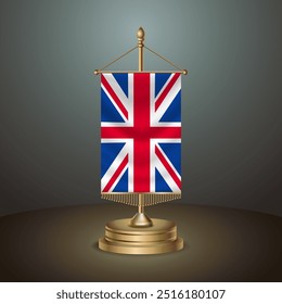 United Kingdom Vertical table flag with golden pole on dark gradient background, Template banner vector Illustration