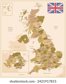 United Kingdom - vintage map of the country in brown-green colors. Vector illustration