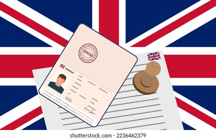 United Kingdom visa, open stamped passport with visa approved document for border crossing. Immigration visa concept. Background with United Kingdom flag. vector illustration