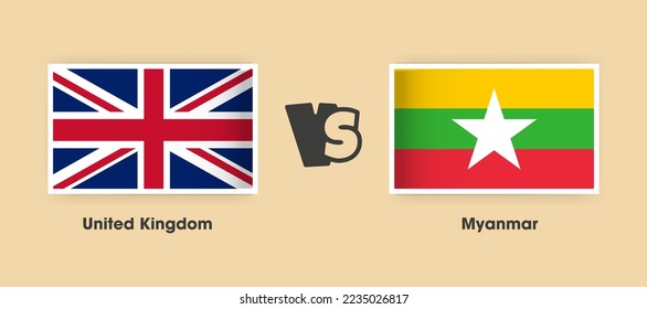 United Kingdom vs Myanmar flags placed side by side. Creative stylish national flags of United Kingdom vs Myanmar with background