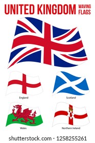 United Kingdom Waving Flags Collection Vector Illustration on White Background. Countries of the United Kingdom. Flag of England, Northern Ireland, Wales & Scotland.