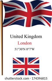 united kingdom wavy flag and coordinates against white background, vector art illustration, image contains transparency