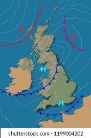 United Kingdom. Weather map of the Great Britain. Meteorological forecast. Editable vector illustration of a generic map showing isobars and weather fronts. EPS 10 