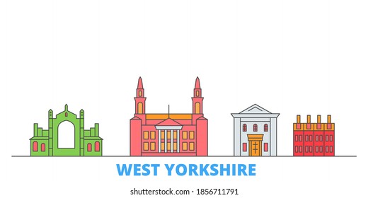 Reino Unido, West Yorkshire line cityscape, vector plano. Punto de referencia de la ciudad de viajes, ilustración de oultine, íconos del mundo de la línea