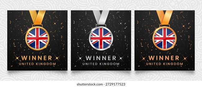 Conjunto ganador del Reino Unido con medallas de oro, plata y bronce con la bandera nacional de Union Jack, mostrada sobre un fondo oscuro con confeti festivo y destellos brillantes
