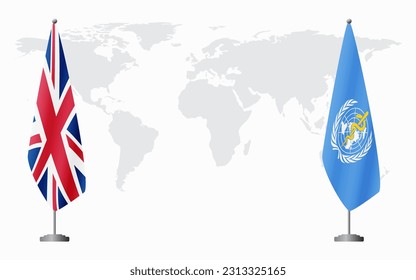 United Kingdom and World Health Organization flags for official meeting against background of world map.