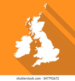 United Kingdom,UK,Great Britian white map,border flat simple style with long shadow on orange background