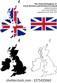 United Kingdoom, UK, Great Britain Vector Map, Flag, Borders, Mask , Capital, Area And Population Infographic