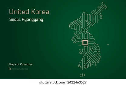 United Korea Map with a capital of Seoul, Pyongyang Shown in a Microchip Pattern with processor. E-government. World Countries vector maps. Microchip Series	