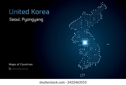 United Korea Map with a capital of Seoul, Pyongyang Shown in a Microchip Pattern with processor. E-government. World Countries vector maps. Microchip Series	