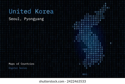 United Korea, South and North Korea Map Shown in Binary Code Pattern. TSMC. Matrix numbers, zero, one. World Countries Vector Maps. Digital Series	