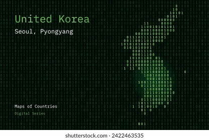 United Korea, South and North Korea Map Shown in Binary Code Pattern. TSMC. Matrix numbers, zero, one. World Countries Vector Maps. Digital Series	