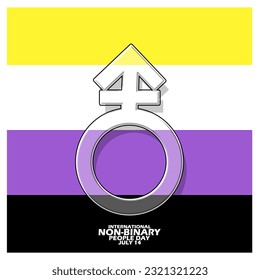 United man and woman symbol with bold text on Non Binary flag background to commemorate International Non-Binary Peoples Day on July 14