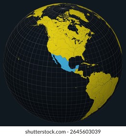 United Mexican States on Globe. Country view on the world map in Charcoal Bright Yellow color palette. Mexico shape on map. Globe with meridians, parallels, countries, rivers and lakes.