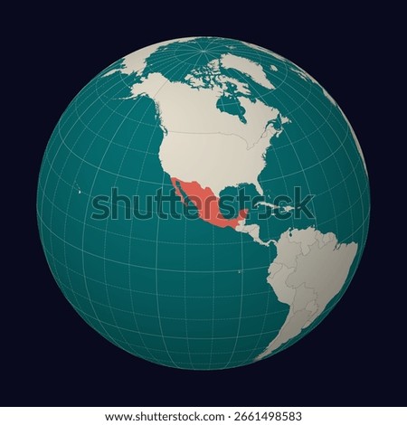 United Mexican States on the map. Globe centered on Mexico. Country location on the world map. Teal Pale Mint color palette. Globe with countries, meridians, and parallels. Neat vector illustration.