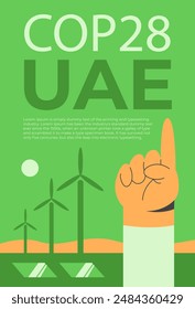 United Nations Climate Change Conference COP28 UAE with man hand. Flat vector illustration.