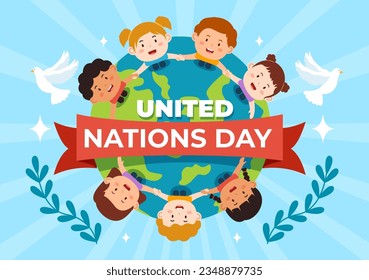 United Nations Day Celebration Vector Illustration on 24 October with Kids Public Service and Earth Background in Flat Cartoon Template