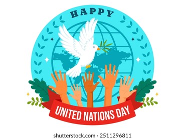 Ilustración vectorial de celebración del Día de las Naciones Unidas el 24 de octubre con una mano sujetando la tierra al servicio público en un fondo plano de dibujos animados