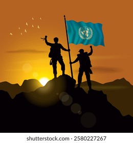 United Nations flag, silhouette of two climbers holding flags at sunset