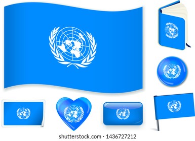 United Nations flag. Vector illustration. 3 layers. Shadows, flat flag, lights and shadows. Collection of 220 world flags. Accurate colors. Easy changes.