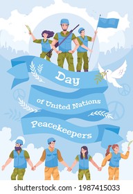 United nations peacekeepers day poster with big light blue ribbon and people who protect the world vector illustration